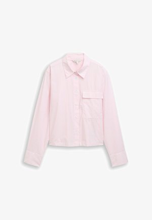 Lichtroze en wit gestreept overhemd met lange mouwen, verticale strepen, knopen aan de voorkant, een puntige kraag, een grote borstzak met klep en mouwen met manchetten.