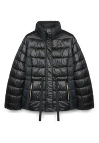 Czarna pikowana kurtka puchowa z wysokim kołnierzem, poziomym przeszyciem, dwoma zapinanymi na zamek bocznymi kieszeniami oraz sznurkami do regulacji w pasie.
