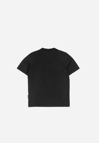 Black short-sleeve t-shirt made of cotton. Features a round neckline and a straight-cut hem. No visible patterns or accents. Back view.