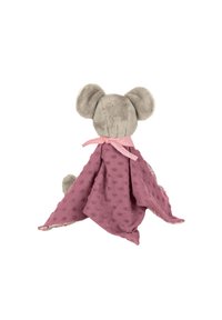 Grau Plüsch-Elefantenspielzeug mit großen Ohren, das eine strukturierte rosa Decke mit erhabenen Punkten und Blumenbordüre trägt, gesichert mit einer gepunkteten Schleife.