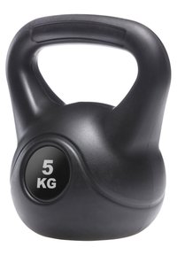 Musta 5 kg käsipaino, jossa on sileä, pyöreä muoto, leveä kahva otetta varten ja musta pyöreä yksityiskohta, jossa näkyy paino.