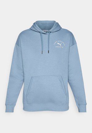 Hoodie bleu clair en matériau doux, avec poche kangourou, capuche à cordon réglable et impression de logo sur la poitrine.