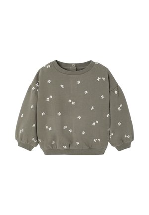 Olivengrüner Sweater mit gerafften Ärmeln und weißer Blumenstickerei. Verfügt über einen runden Ausschnitt sowie gerippte Säume und Bündchen.