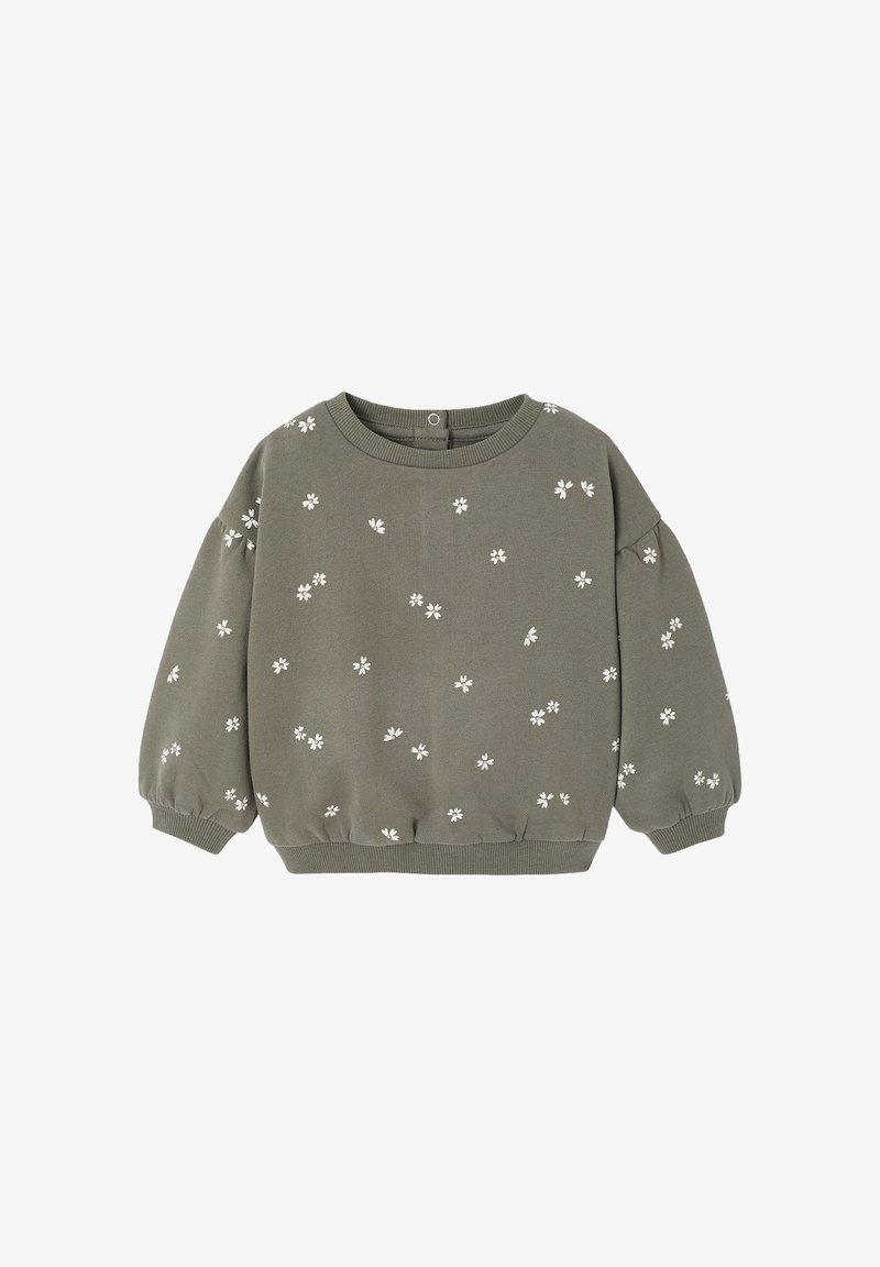 Olivengrüner Sweater mit gerafften Ärmeln und weißer Blumenstickerei. Verfügt über einen runden Ausschnitt sowie gerippte Säume und Bündchen.