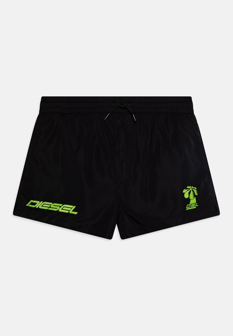 Juodi maudymosi šortai su raišteliu, pagaminti iš lengvos medžiagos, su žaliais "DIESEL" logotipu ir delno medžio grafikos akcentais.