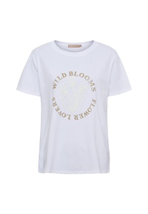 Hvid T-shirt med korte ærmer og rund halsudskæring, med guldfarvet tekst "WILD BLOOMS FLOWER LOVERS", der omgiver et gyldent tulipandesign.
