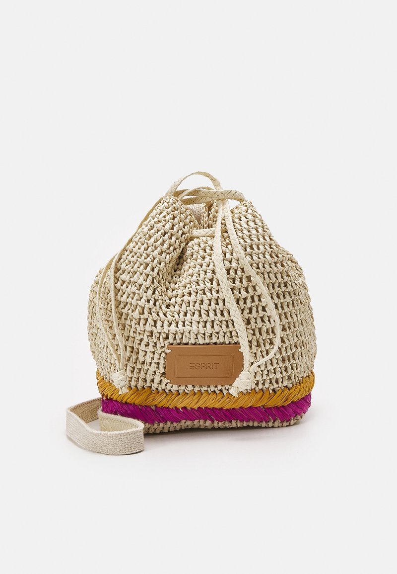 Sac seau beige tissé avec cordon de serrage, détails tressés orange et rose et écusson logo Esprit couleur tan.