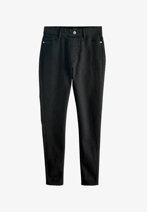 Pantaloni in denim nero con vestibilità slim, dotati di chiusura con bottone e zip, cinque tasche e dettagli di cucitura discreti.