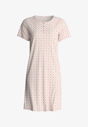 Nachthemd met korte mouwen in lichtroze katoen met wit bloemmotief, ronde halslijn en een knoopsluiting met drie knopen.