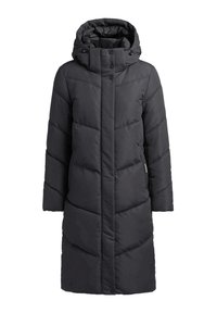 Piumino nero con cappuccio, caratterizzato da un design trapuntato e chiusure a pressione. Maniche lunghe e taglio a lunghezza intermedia. Silhouette pulita e moderna.