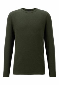 Mörkgrön långärmad tröja med rundad hals, tillverkad av ett strukturerat stickat tyg, med ribbade ärmslut och fåll. Inga anmärkningsvärda mönster eller accenter.