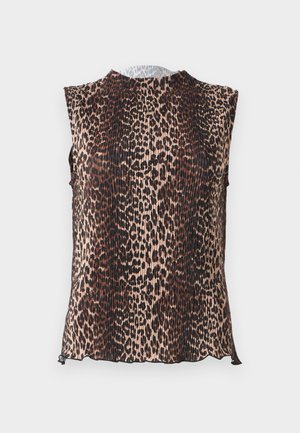 Uten ermer topp med en plissèert design og leopardmønster i nyanser av beige, brun og svart. Rund halslinje, myk tekstur.