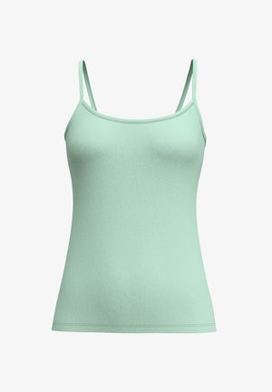 Débardeur vert menthe avec des bretelles fines, fabriqué en tissu extensible, présentant un design ajusté et une texture lisse et côtelée. Sans motifs ni accents.