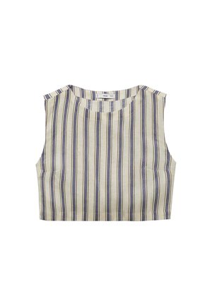 Korte top in lichtbeige met verticale marineblauwe en crèmekleurige strepen. Heeft een ronde halslijn en een mouwloos ontwerp. Gemaakt van lichtgewicht stof.