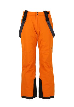 Pantalons de ski imperméables orange avec des accents noirs, bretelles réglables, fermeture à bouton et design à jambes droites.