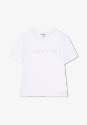 Tricou alb din bumbac, cu mâneci scurte, guler rotund și sigla „LANVIN” embosată argintiu pe partea din față.