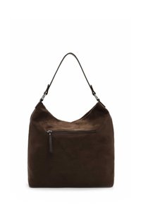 Brown suede handbag with a hobo shape, featuring a single shoulder strap and a front zippered pocket. Smooth texture and minimal accents.