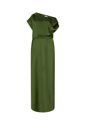Lange olijfgroene jurk in gladde stof, voorzien van een asymmetrische gedrapeerde halslijn en korte cape-achtige mouwen. Eenvoudig, gestroomlijnd ontwerp.