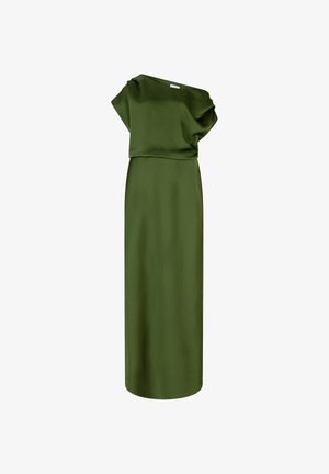 Robe longue vert olive en tissu lisse, avec un col drapé asymétrique et des manches courtes façon cape. Design simple et épuré.