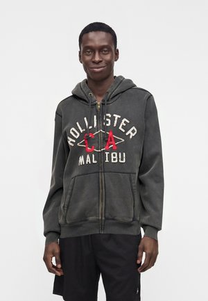 Jeune homme portant un sweat à capuche zippé foncé avec le texte « Hollister CA Malibu » et un short noir, debout devant un fond blanc uni.