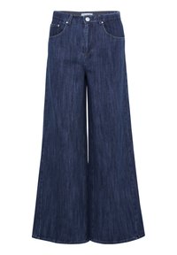 Džíny ve stylu širokých nohavic v tmavě modré barvě, s vysokým pasem, pěti kapsami a hladkou texturou s jemným blednutím. Uzávěr na kovový knoflík.