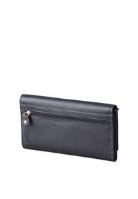 Black leather wallet with a textured surface, featuring a zippered compartment and stitching detail along the edges.