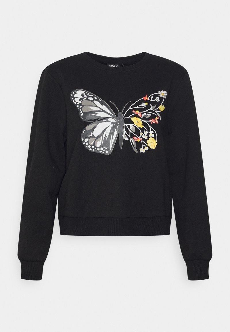 Chemise noire à manches longues avec un grand imprimé papillon gris et blanc, dont les ailes droites se transforment en fleurs colorées et tiges.