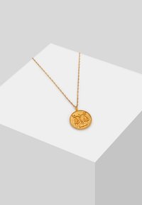 Guld vedhængs halskæde med et cirkulært design, der har indviklede mønstre. Det hænger fra en snoet kæde, hvilket skaber et struktureret udseende.