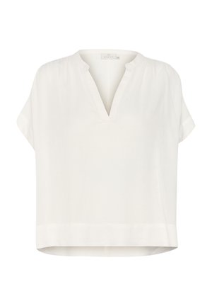 Haut court à manches courtes blanc avec un col en V, coupe décontractée et texture lisse, doté d'un ourlet droit. Le tissu semble léger et respirant.