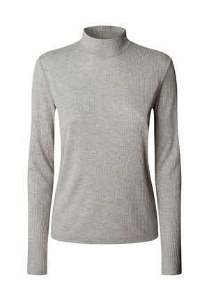Sivi rebrasti dugi rukav turtleneck majica s uskim krojem i glatkom teksturom. Nema vidljivih kopči ili ukrasa.