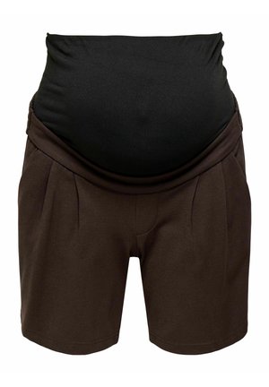 Fekete és sötétbarna kismama rövidnadrág, magas rugalmas derékrésszel, amely terhes hashoz van tervezve.