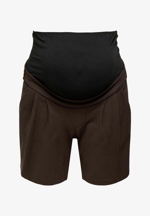 Fekete és sötétbarna kismama rövidnadrág, magas rugalmas derékrésszel, amely terhes hashoz van tervezve.