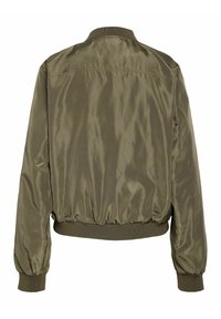 Olivengrøn bomberjakke med ribbet krave, manchetter og talje, vist bagfra.