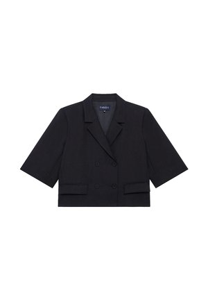 Blazer negro corto de doble botonadura con mangas cortas, solapas con muesca y dos bolsillos delanteros con solapa.