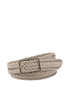 Beige woven leather belt with a rectangular silver buckle, coiled against a white background.