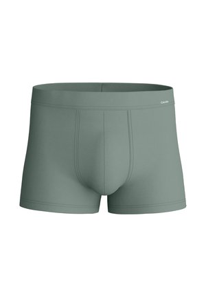 Boxer verdi realizzati in tessuto elastico. Presentano un design aderente, una tasca frontale a sostegno e una fascia in vita con marchio.