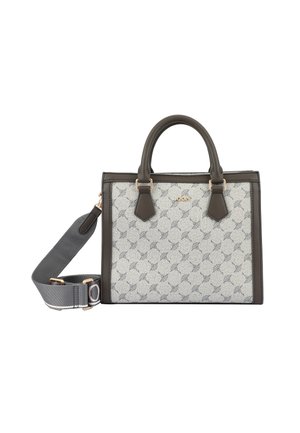 Sac à main rectangulaire à motif gris avec poignées marron foncé, garniture et bandoulière grise ajustable, marqué d'un petit logo doré "JOOP!".