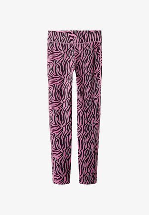 Lyserøde og sorte zebra-stribede leggings i fuld længde med høj talje, vist fladt mod en hvid baggrund.