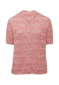 Rode structuur kortslijp shirt met een knoopsluiting aan de voorkant, met een transparant, gebreid design en metalen knopen.