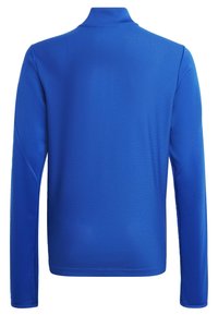 Langärmliges Sportshirt in leuchtendem Blau, mit strukturiertem Muster, hohem Kragen und schmalem, figurnahen Design.