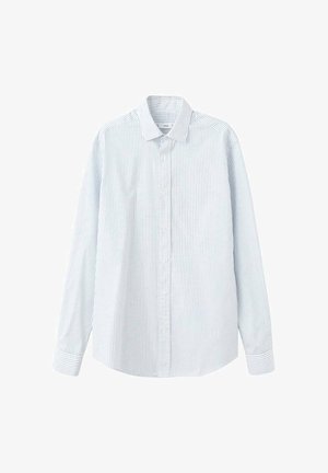 Svijetloplava i bijela prugasta košulja dugih rukava s gumbima sprijeda, klasičnim ovratnikom i ravnim krojem. Izrađena od tkanine s glatkom teksturom.
