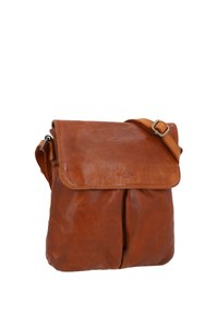 Hnedá kožená crossbody taška s predným chlopňou a nastaviteľným popruhom, s nenápadným vyrazeným logom na chlopni.