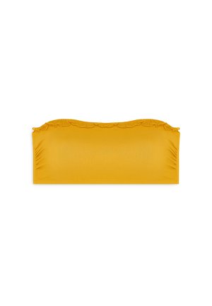 Yellow bandeau top with ruffled edge, featuring smooth, stretchy fabric and a seamless design. Suitable for swimwear or casual wear.