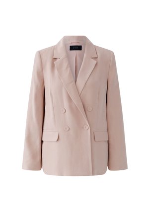 Hellrosa doppelt geknöpfter Damenblazer mit Kipp-Revers, zwei vorderen Pattentaschen und langen Ärmeln.