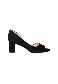 Black suede high heel shoe with a peep-toe design and a chunky heel. Smooth texture and minimalist shape, featuring a cut-out side.