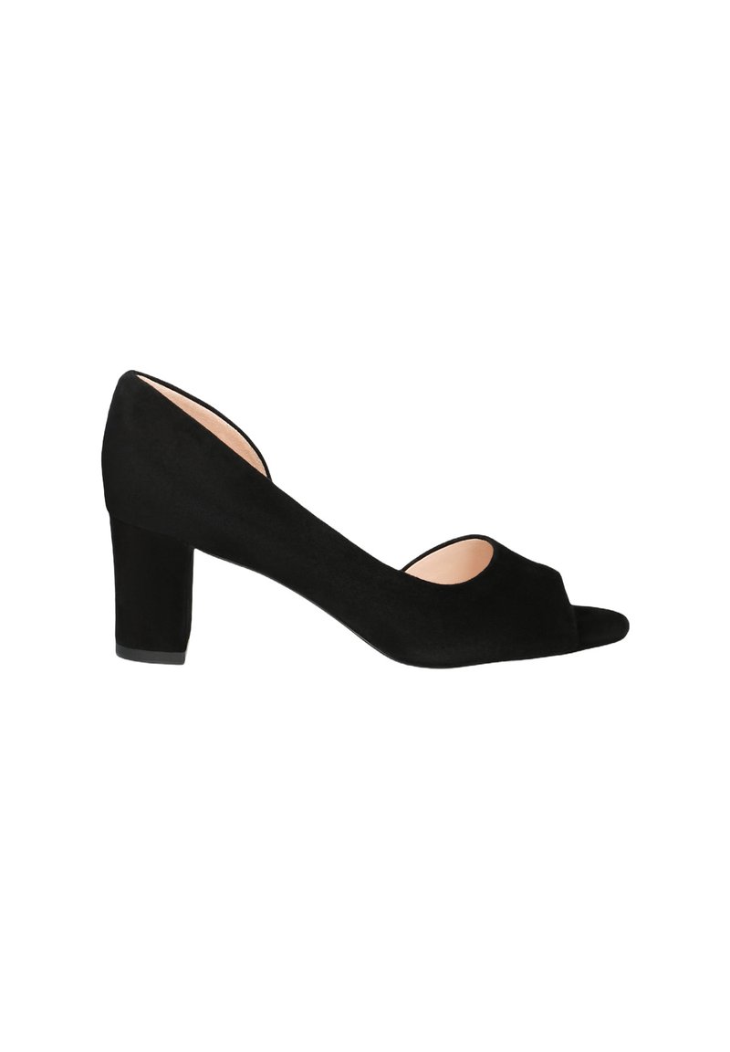 Black suede high heel shoe with a peep-toe design and a chunky heel. Smooth texture and minimalist shape, featuring a cut-out side.