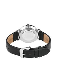 Runder Silberne Uhr mit einem polierten Gehäuse aus Edelstahl, schwarzem Lederarmband mit strukturierter Oberfläche und einer Metallschnalle.