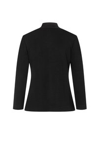 Schwarzes Langarmshirt mit rundem Kragen. Schlichtes Design und glatte Textur, keine sichtbaren Muster oder Hardware. Schmaler Schnitt.