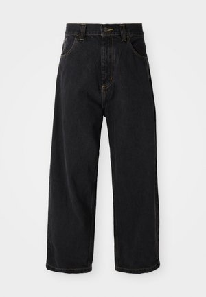 Black denim jeans with a high waist, wide-leg cut, yellow stitching, and front pockets. Features a single-button closure and belt loops.