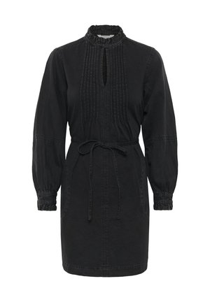 Sort denimkjole med lange pufærmer, rynket krave, frontplacket, pintuck-detaljer og et bælte i taljen for justerbar pasform.